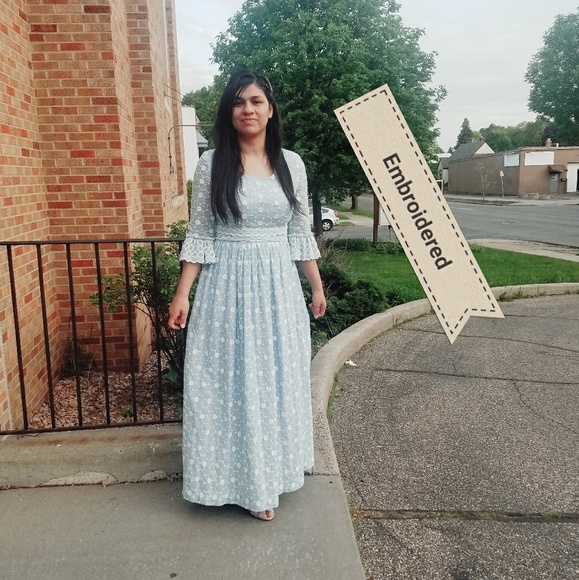 Vintage late 60s, Early 70s Baby Blue Embroidered Eyelet Circle Maxi Dress - Picture 3 of 16